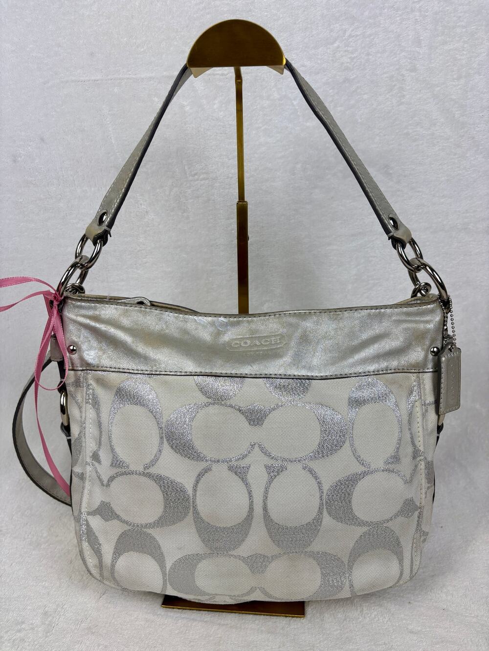 Coach Signature Y2K Silver Metallic Zoe Hobo Shoulder Bag in Signature Jacquard